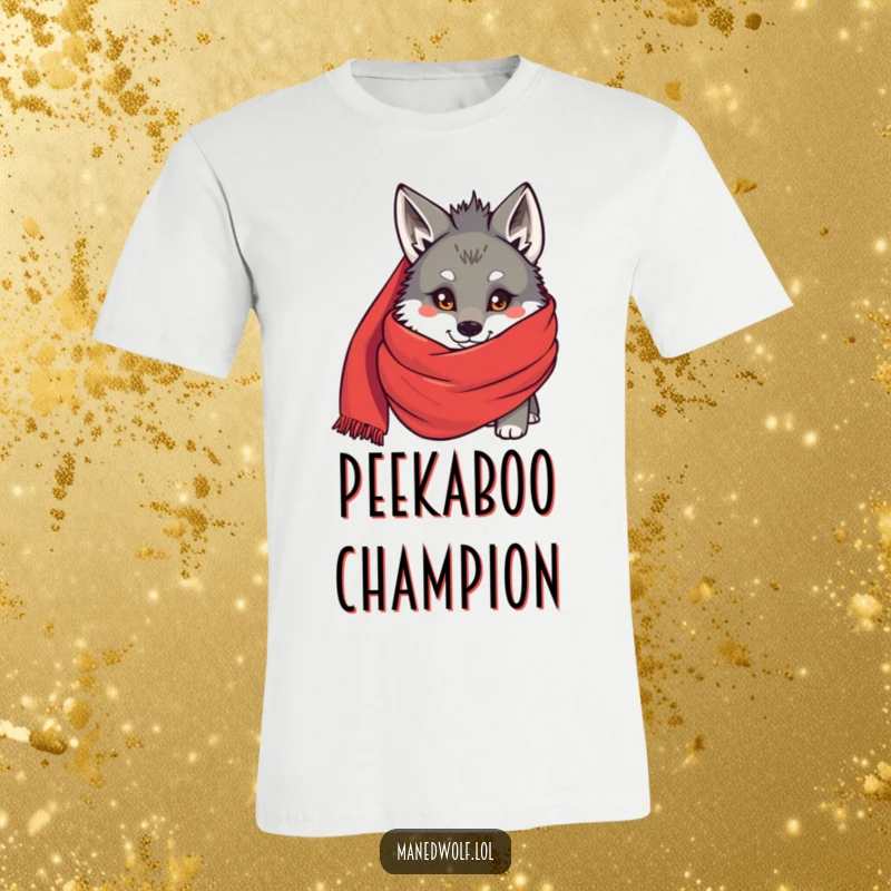 Funny Maned wolf peeking from behind a large red scarf on a t-shirt, depicting shy humor and cozy warmth.