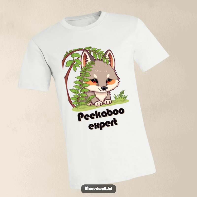 Funny t-shirt: a chubby maned wolf with wide, curious eyes peeks from under a fern, embodying playful secrecy.