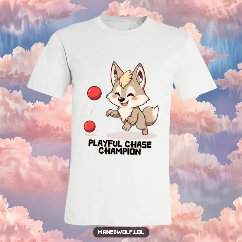 Funny t-shirt featuring a cute maned wolf with a big smile, enthusiastically chasing a bouncing red ball.
