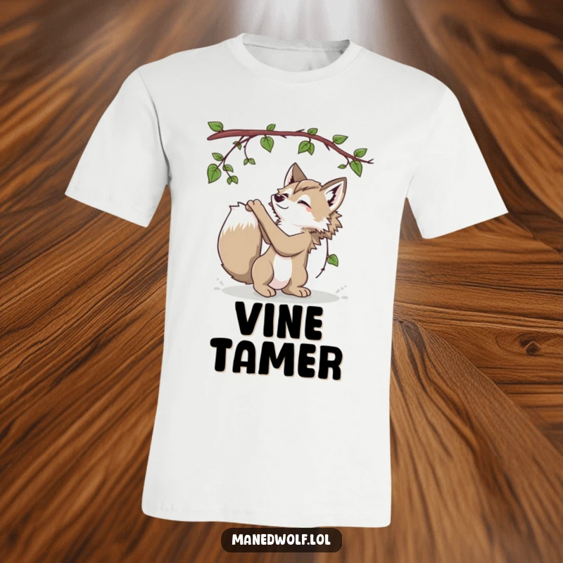 Funny Maned Wolf T-Shirt showing a playful maned wolf batting at a dangling vine, full of energetic fun.