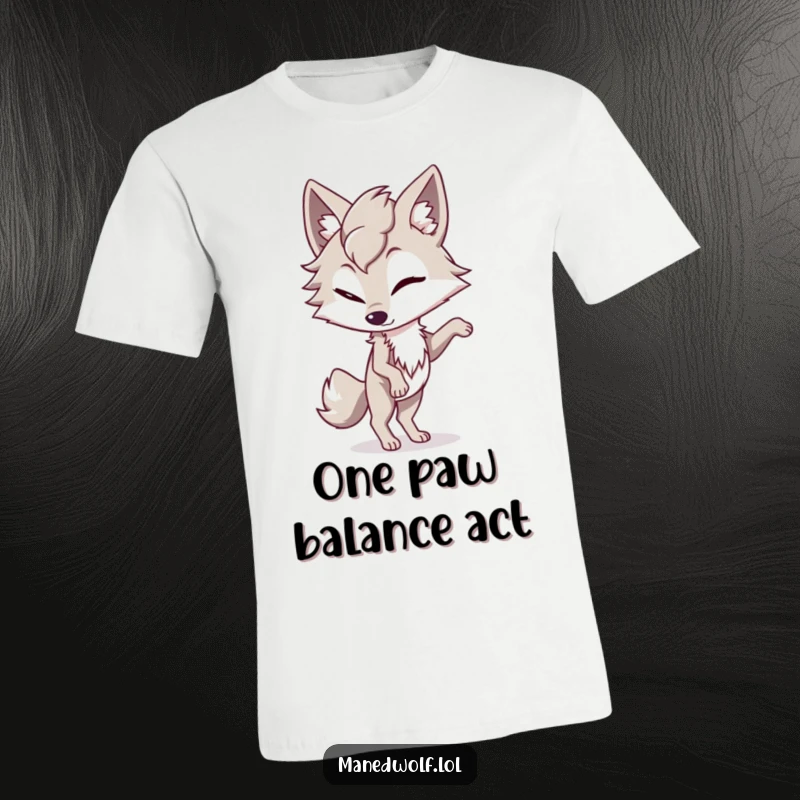 Funny maned wolf t-shirt featuring a character winking mischievously while balancing effortlessly on one paw, full of playful charm.