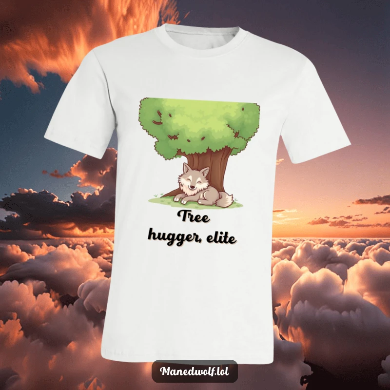 Funny t-shirt depicting a maned wolf calmly resting in the shade of a big, green tree.