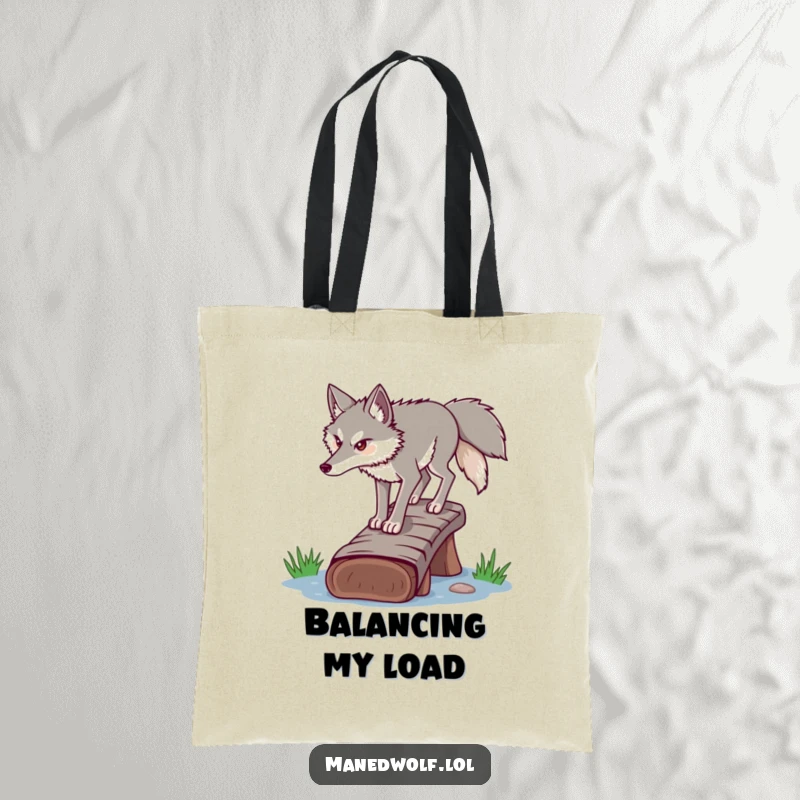 Funny determined maned wolf tote bag, crossing a log bridge, carrying purpose and focus.