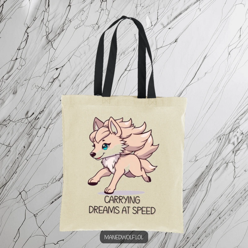 Funny kawaii maned wolf tote bag featuring a cute wolf running with its mane flowing, perfect for stylish and humorous errands.