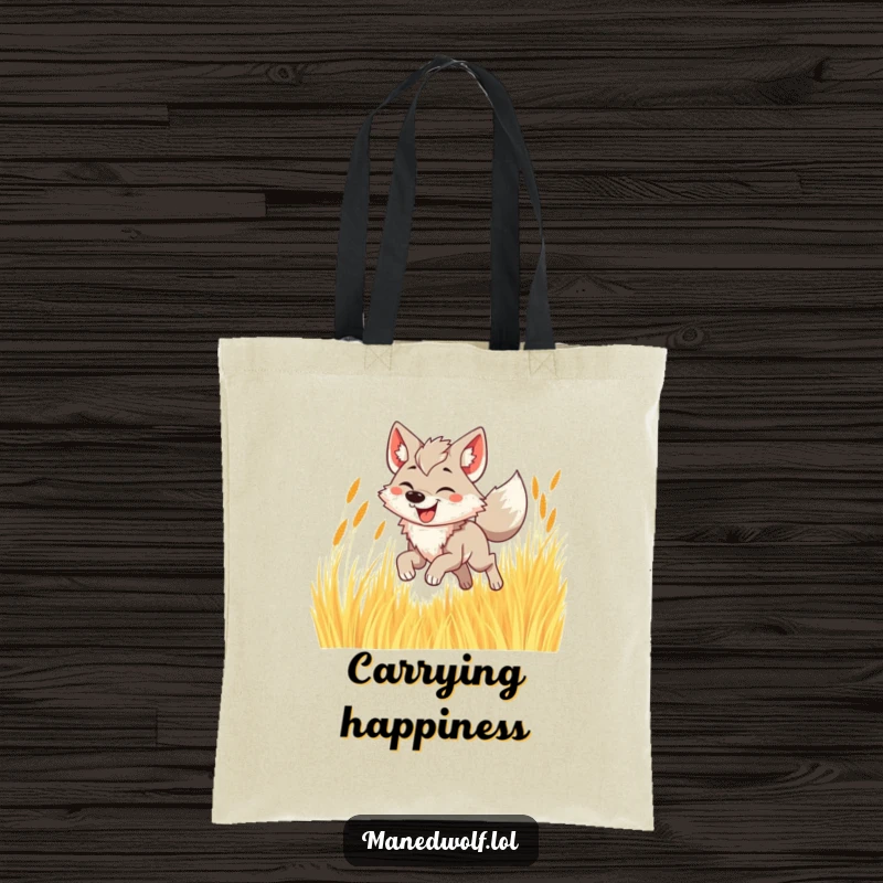 Funny maned wolf tote bag illustration of a happy wolf bounding joyfully through golden grass.