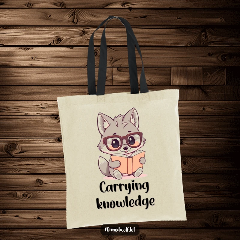 Funny, cute tote bag featuring a kawaii maned wolf in oversized glasses reading a small book, great for book transport.
