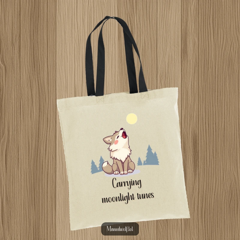 Kawaii Maned Wolf Tote Bag depicting a cute maned wolf howling joyfully at the moon, spreading cuteness.