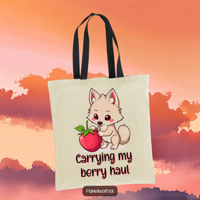 Funny Kawaii Maned Wolf Tote Bag showing a cute wolf attempting to balance a large berry, perfect for carrying items with personality.