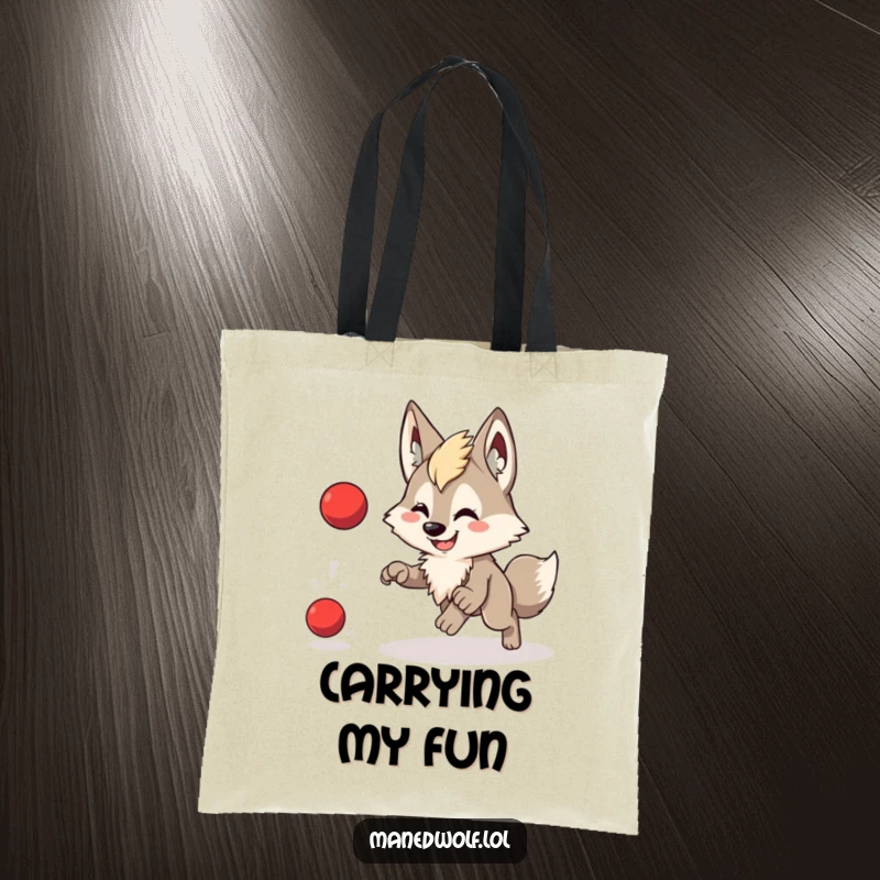 Funny tote bag depicting a cute maned wolf with a wide smile, playfully chasing a bouncing red ball.