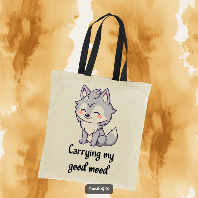Funny maned wolf tote bag with a cute character sporting a large happy grin and a swiftly wagging tail, symbolizing pure delight.