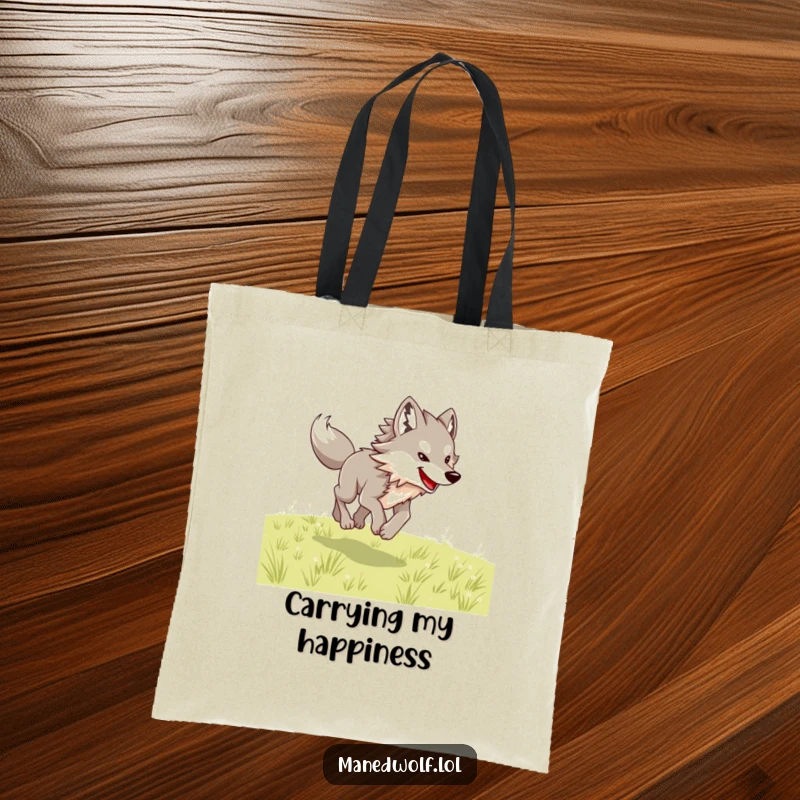 Funny maned wolf tote bag showing a wolf joyfully bounding across an open field with enthusiasm.