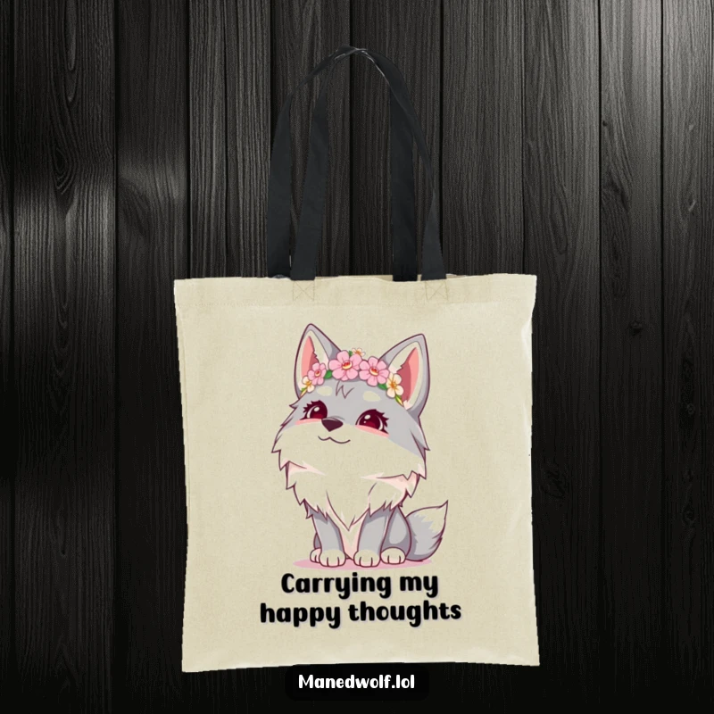 Funny tote bag depicting a giggling maned wolf wearing a tiny flower crown, looking up at the sky.