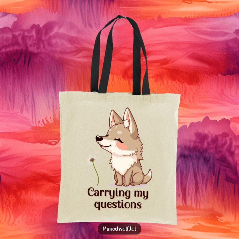 Funny maned wolf tote bag illustration of a wolf tilting its head quizzically at a floating dandelion seed.