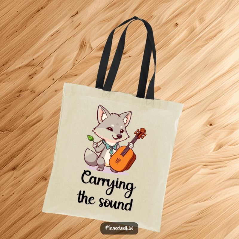 Funny, cute tote bag featuring a kawaii maned wolf conducting an orchestra with a leaf, perfect for carrying music essentials.
