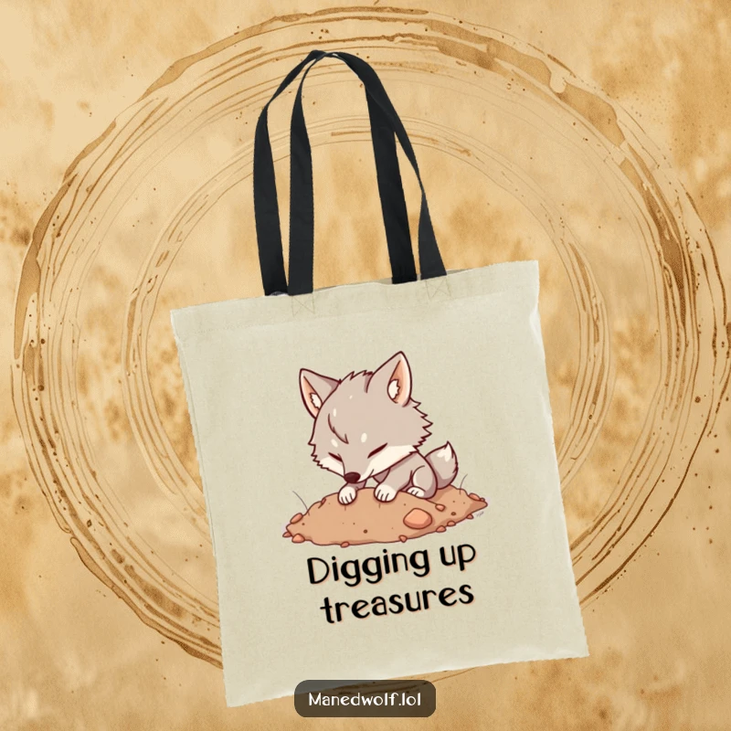 Funny Kawaii Maned Wolf Tote Bag featuring a cute wolf happily digging in soft earth, perfect for carrying garden essentials.
