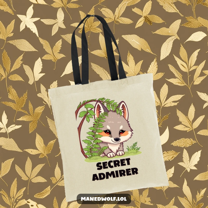 Funny tote bag featuring a chubby maned wolf curiously peeking from under a fern, ideal for carrying essentials with humor.