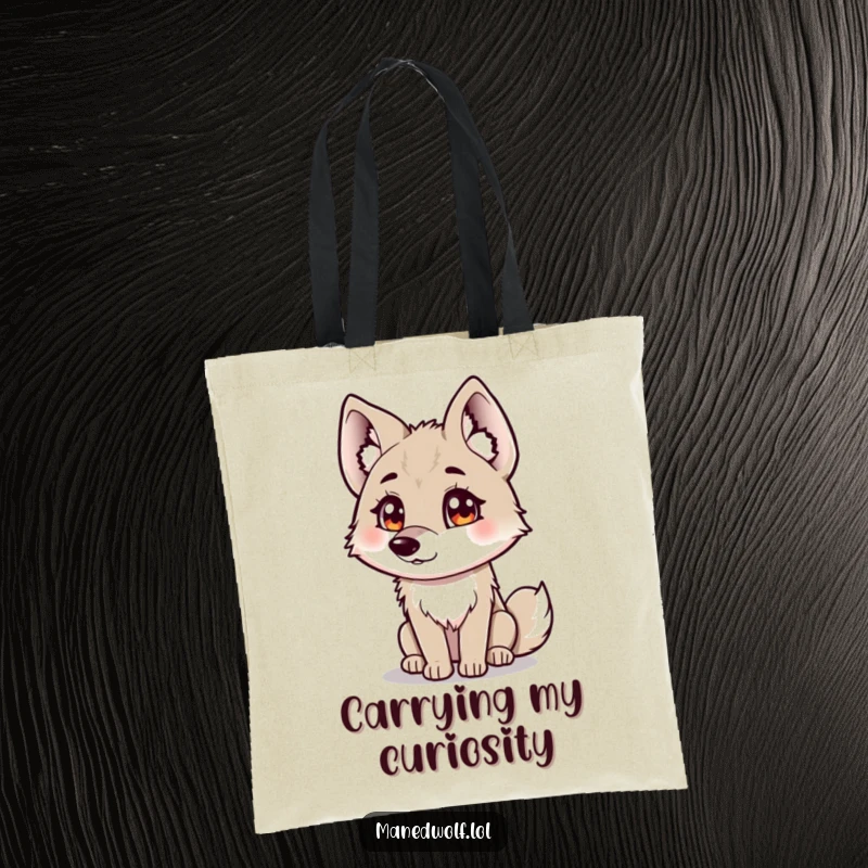 Funny maned wolf tote bag featuring a curious maned wolf with fluffy ears tilting its head.