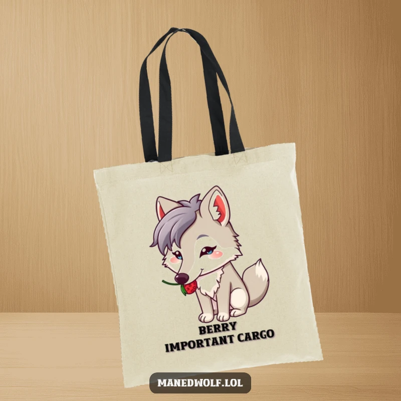 Funny tote bag with a kawaii maned wolf balancing a berry on its snout, a humorous and cute accessory.