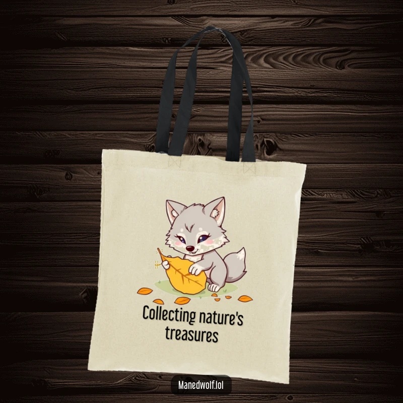 Funny kawaii maned wolf tote bag with a cute creature playfully pouncing on a leaf, perfect for carrying essentials with humorous flair.