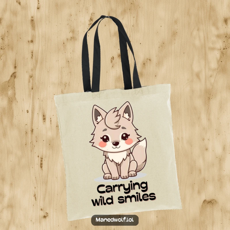 Funny Kawaii Maned Wolf Tote Bag: A smiling wolf with a wagging tail, ready for adventure and errands.