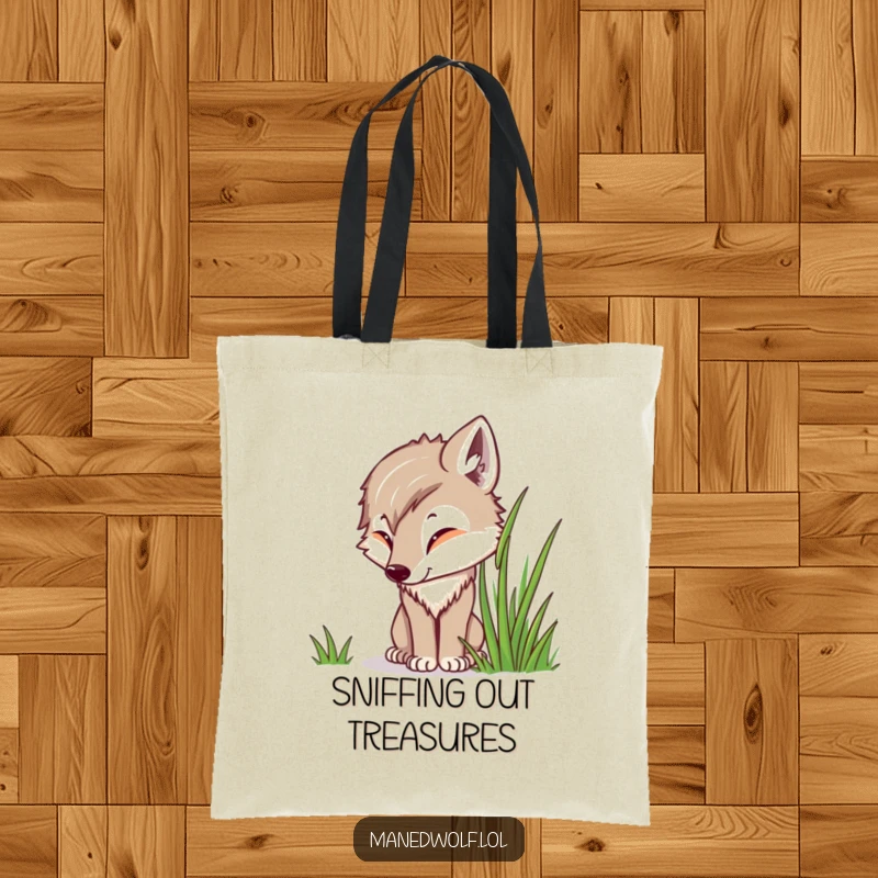 Funny Kawaii Maned Wolf Tote Bag featuring a cute wolf curiously sniffing grass, perfect for carrying essentials with a hint of nature.