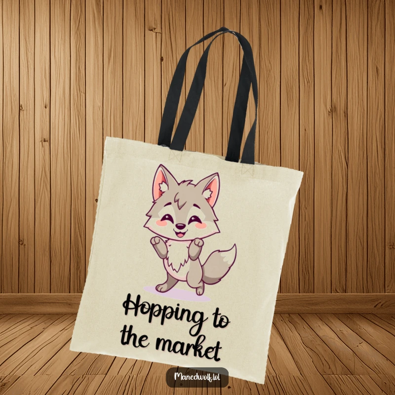 Funny Kawaii Maned Wolf Tote Bag featuring a cute wolf doing a happy little hop, perfect for cheerful daily use.