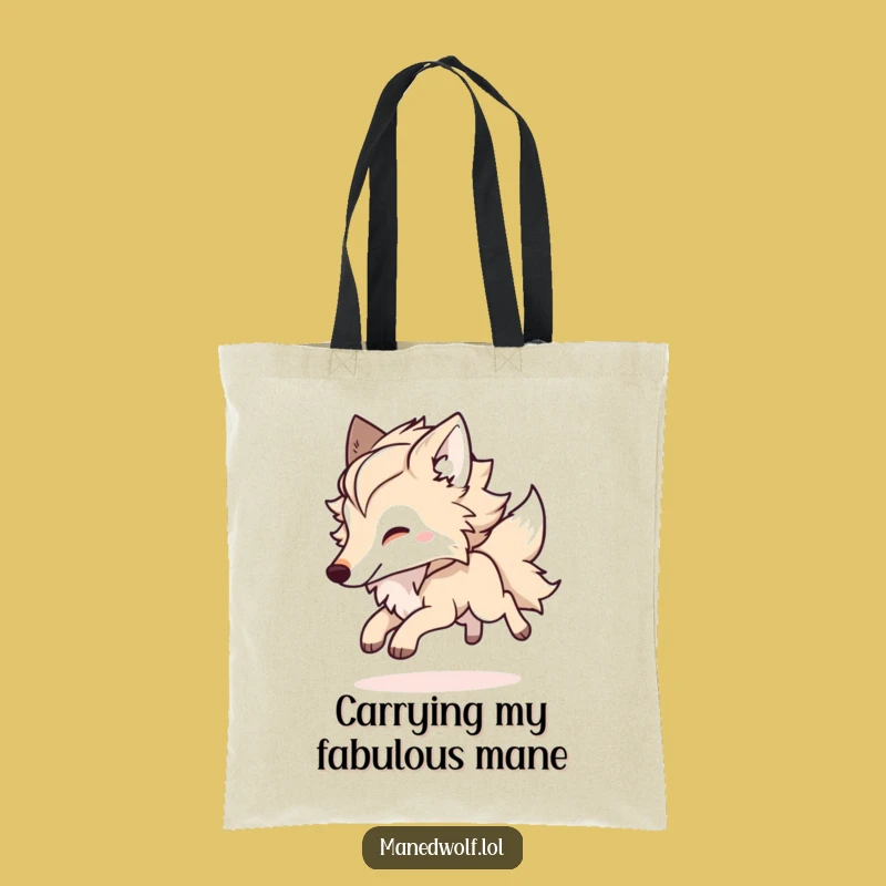 Funny Kawaii Maned Wolf Tote Bag, Playful Bounding Wolf Canvas Bag, Gift Idea