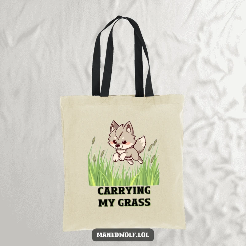 Funny Kawaii Maned Wolf Tote Bag: A cute maned wolf leaping playfully through tall grass, a stylish and humorous accessory.