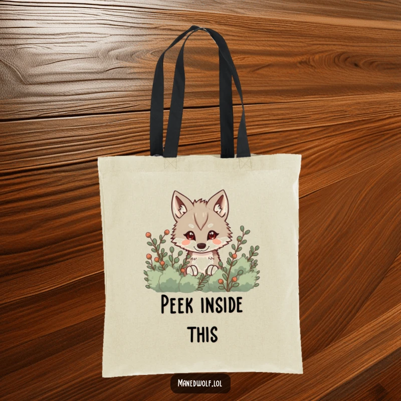 Funny Kawaii Maned Wolf Tote Bag featuring a cute wolf peeking from behind bushes, perfect for carrying items with a playful secret.