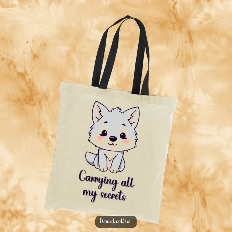 Funny Kawaii Maned Wolf Tote Bag featuring a cute wolf with a surprised expression, perfect for carrying items with humor.