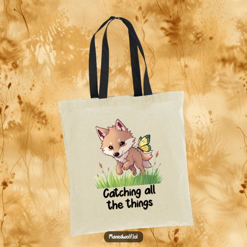 Funny maned wolf tote bag showing a long-legged wolf joyfully chasing a delicate, shimmering butterfly.