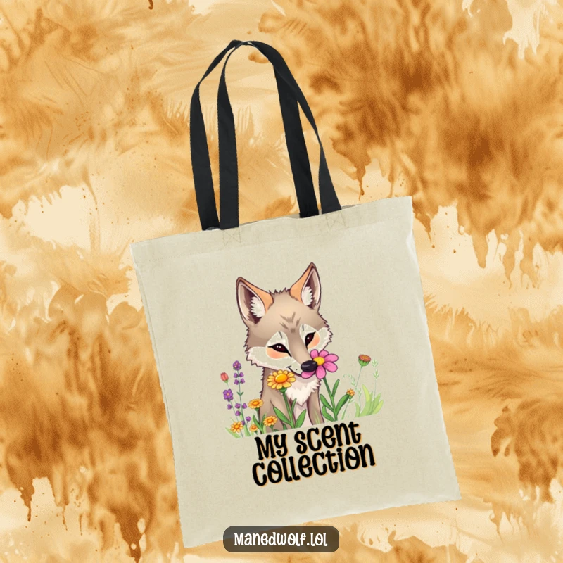 Funny maned wolf tote bag illustration of a curious wolf sniffing a colorful wildflower.