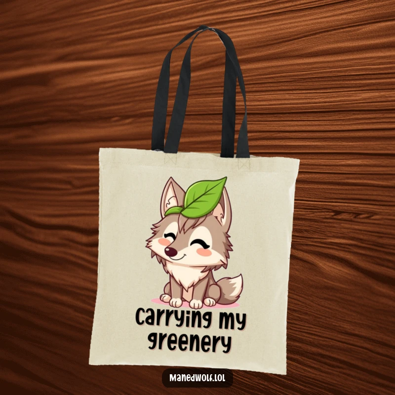 Funny maned wolf tote bag showing a wolf giggling while wearing a leaf hat, perfect for carrying items with a humorous flair.