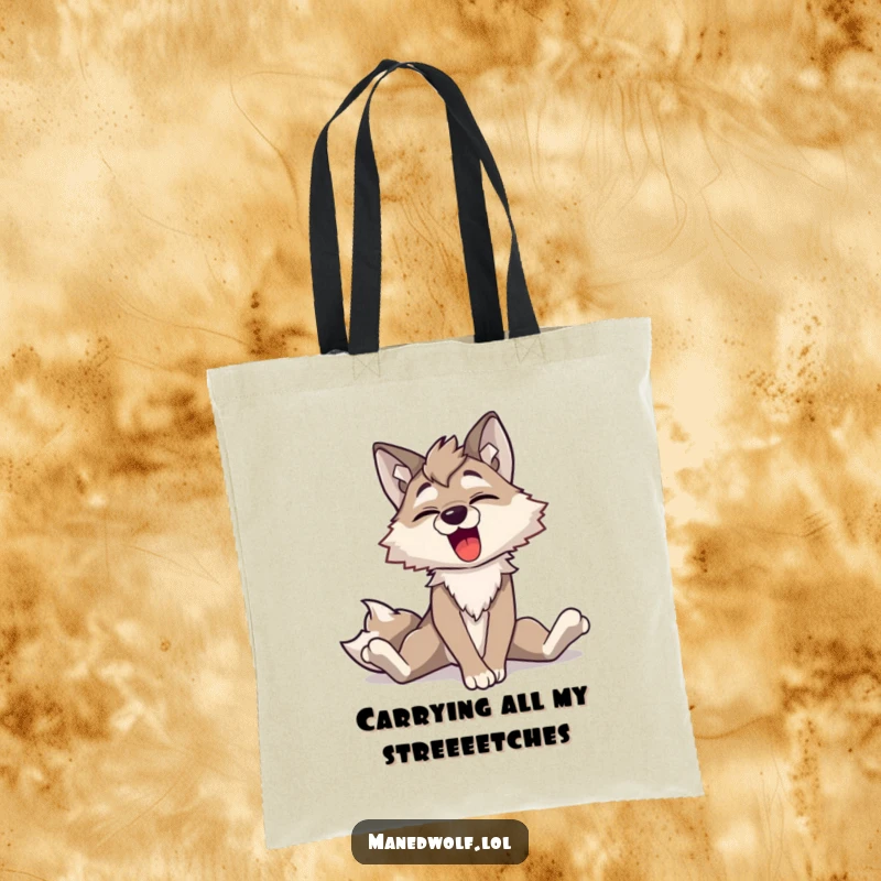 Funny Maned Wolf Stretching Tote Bag: A durable tote bag depicting a maned wolf character stretching its long legs with a cheerful, wide yawn, eco-friendly.