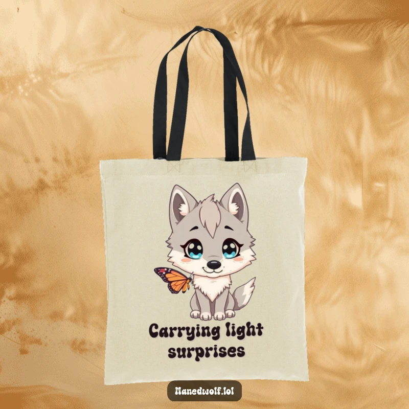 Funny Maned wolf tote bag, perfect for carrying essentials, with the creature wide-eyed and comically surprised by a fluttering butterfly.