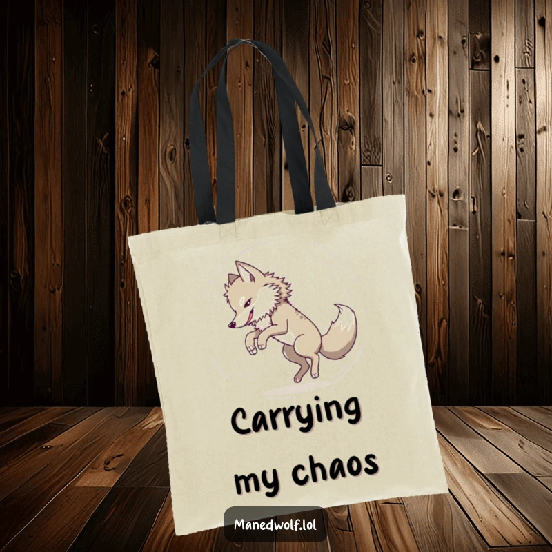 Funny Maned wolf chasing its tail in a dizzy circle on a tote bag, illustrating playful motion and humor.