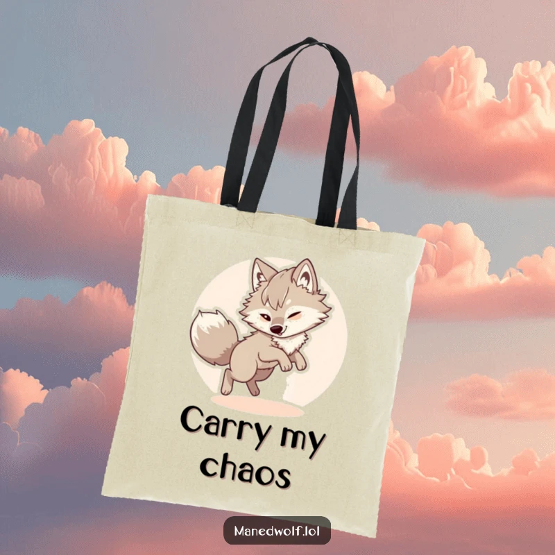 Funny maned wolf tote bag, featuring a fluffy wolf comically pursuing its tail in a playful, circular motion.