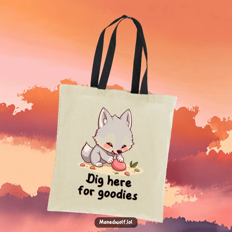 Funny Kawaii Maned Wolf Tote Bag: A tote bag with a digging wolf, perfect for carrying essentials with a humorous, adventurous spirit.
