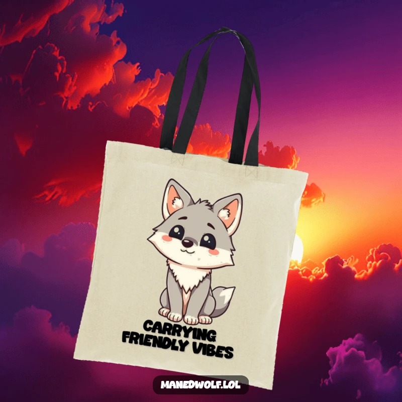 Funny Kawaii Maned Wolf Tote Bag: A tote bag with a friendly wolf greeting, ideal for carrying essentials with warmth and humor.