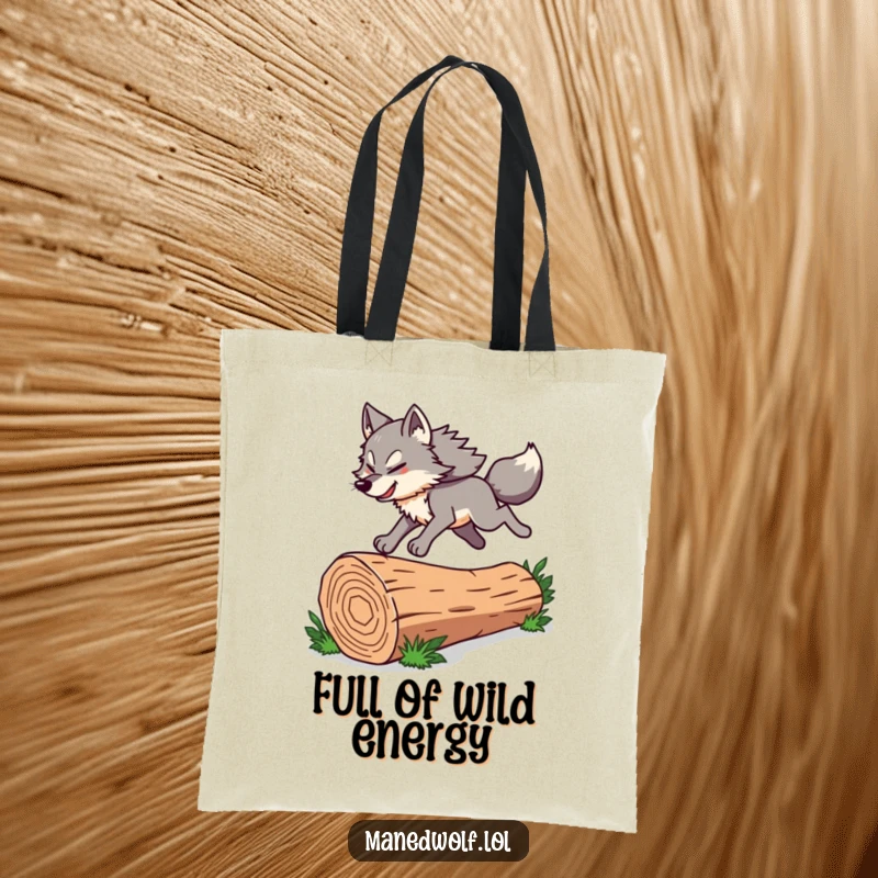 Funny Maned Wolf Tote Bag showcasing an energetic character leaping over a log, a stylish and humorous accessory for daily use.