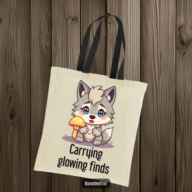 Funny Maned Wolf Tote Bag featuring a character surprised by a glowing mushroom, a stylish and humorous bag for everyday adventures.