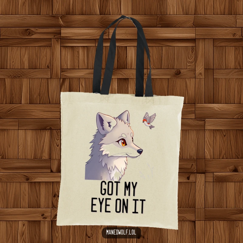 Funny Maned Wolf Tote Bag showing a maned wolf with bright eyes, humorously focused on an unseen point.