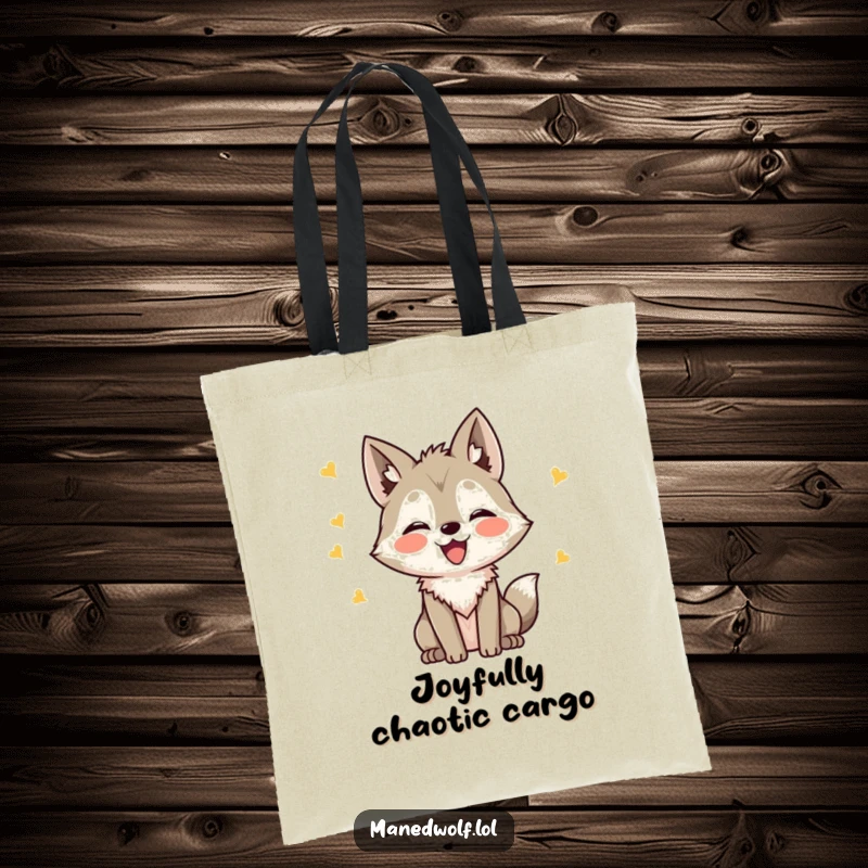 Funny Kawaii Maned Wolf Tote Bag featuring a cute wolf making delightful chirping sounds, perfect for carrying items joyfully.