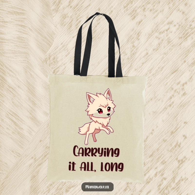 Funny kawaii maned wolf tote bag with a cute character showing off its long legs in a fashionable stride.