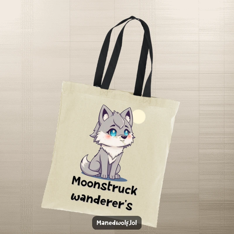 Funny maned wolf tote bag with sparkling eyes gazing at the moon, ideal for magical adventures.