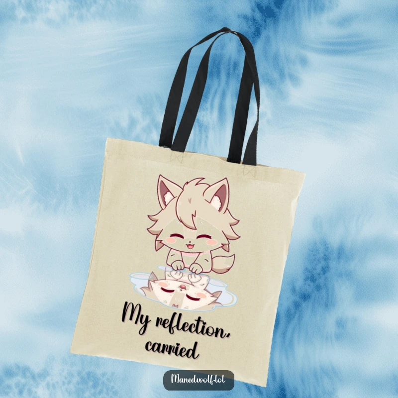 Funny tote bag featuring a maned wolf character giggling while looking at its reflection in a puddle.