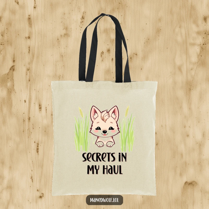 Funny kawaii maned wolf tote bag with a happy smile peeking from behind tall grass.